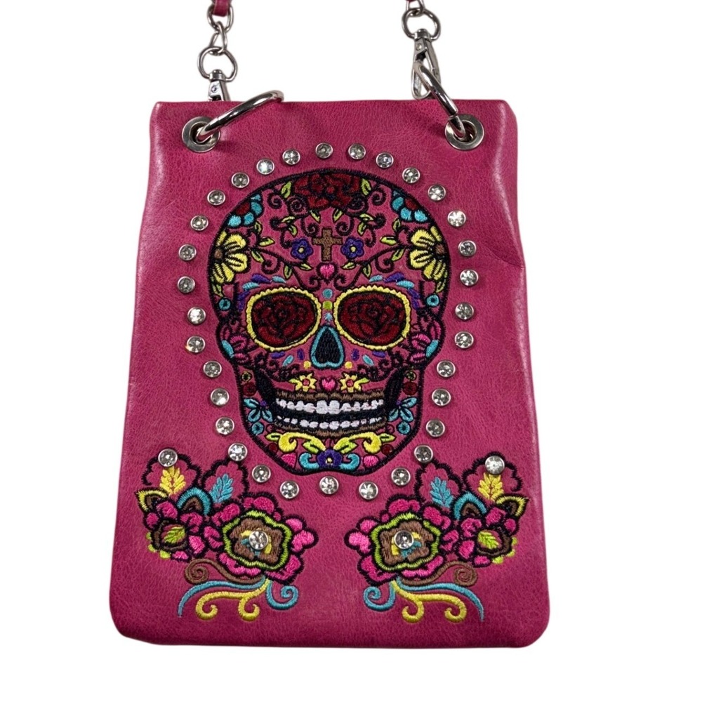 P&G Pink Sugar Skull Embroidered Crossbody Bag Rhinestone Studded Chain Strap